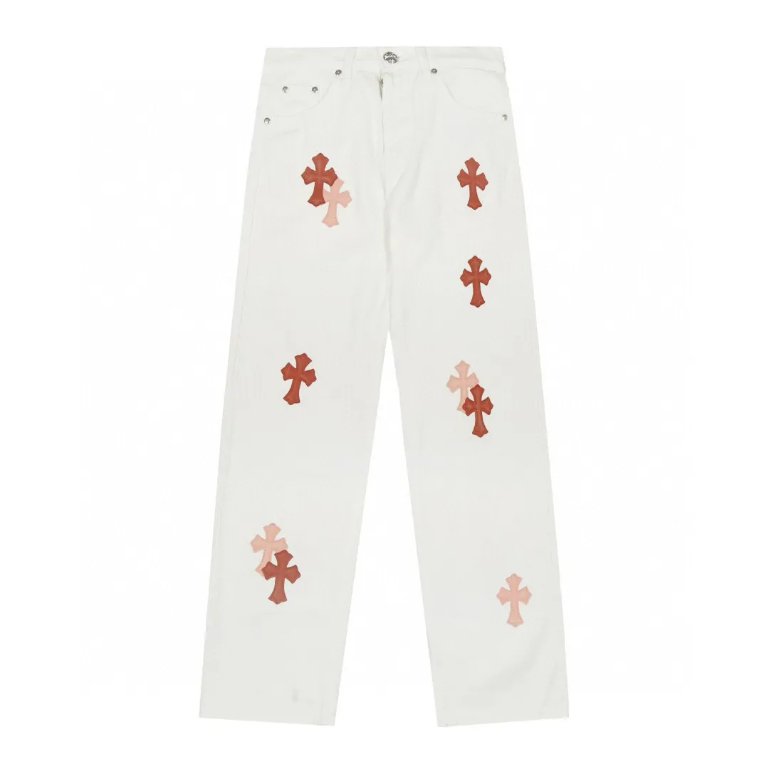 P230 💰 (Top version) Chrome Hearts/Chrome Hearts Classic white powder series colored leather cross washed color cloth unisex denim trousers Vibe style straight stacked god-level version Carbon fine bias denim color cloth Old vintage full set of hardware - Chrome Hearts white cow series The high version uses high-ounce customized fabrics, fermentation washing and soft color fixation, soft and thick to wear, the details are all made by hand-polished craftsmanship, all-over printed jacquard fabric Unique design style. Through multiple processes to create a full retro feel. Unique niche non-contrast shirt. Customized distressed spray-painted buttons. Craftsmanship in every detail. Color: white powder. Size: 28-30-32-34 (corresponding to S-M-L-XL)
